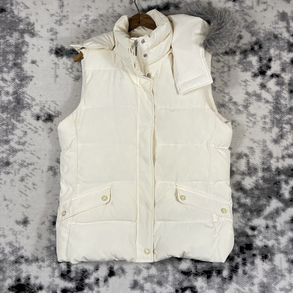 Talbots Puffer Vest Womens Size Medium Ivory Zip Snap Hooded Faux Fur